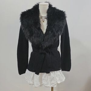 Guess Los Angeles dark black vintage wool faux fur wrap cardigan with tie